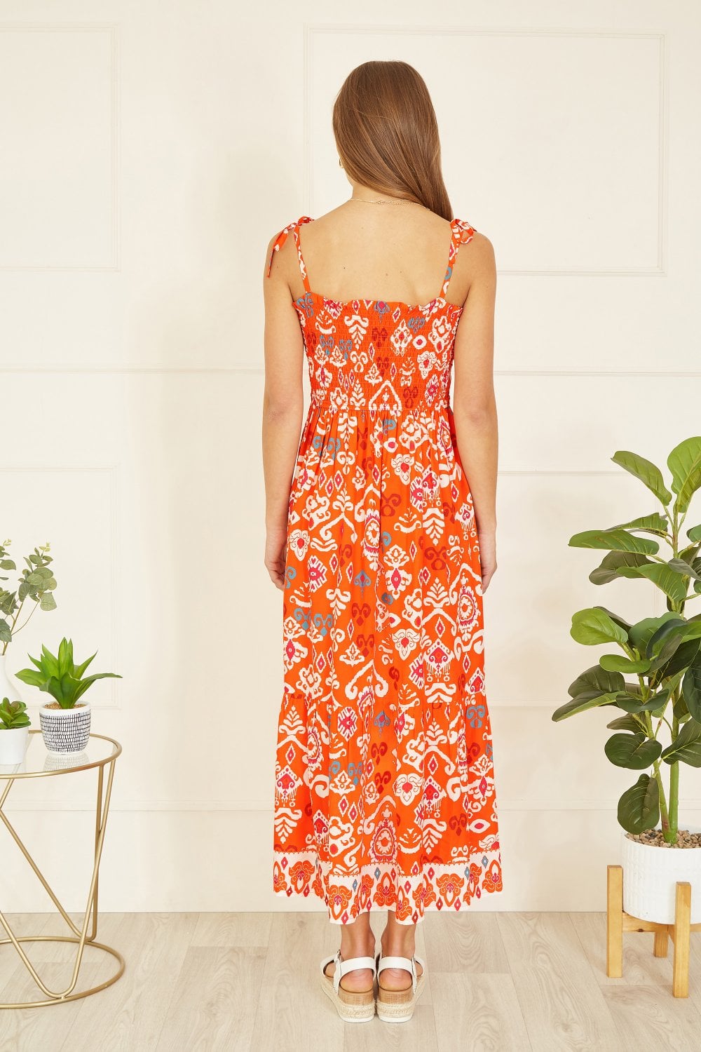 Yumi Orange Ikat Print Midi Sun Dress Yumi