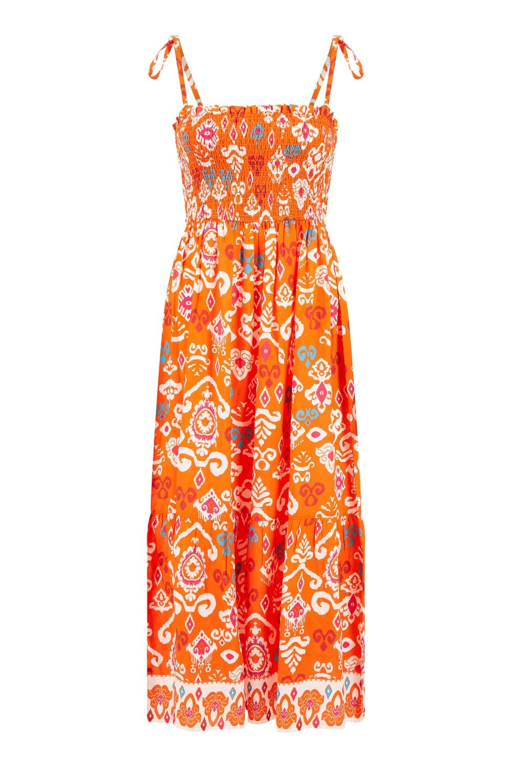 Yumi Orange Ikat Print Midi Sun Dress Yumi