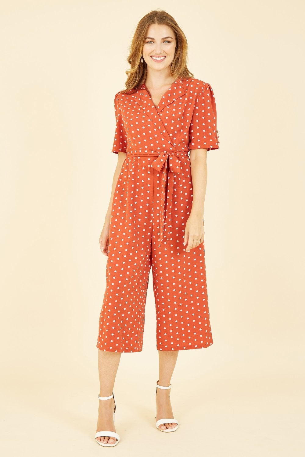 Yumi Orange Spot Print Retro Culotte Jumpsuit Yumi