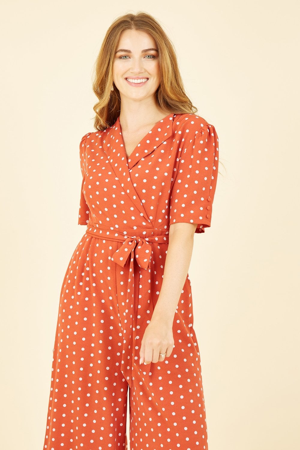 Yumi Orange Spot Print Retro Culotte Jumpsuit Yumi