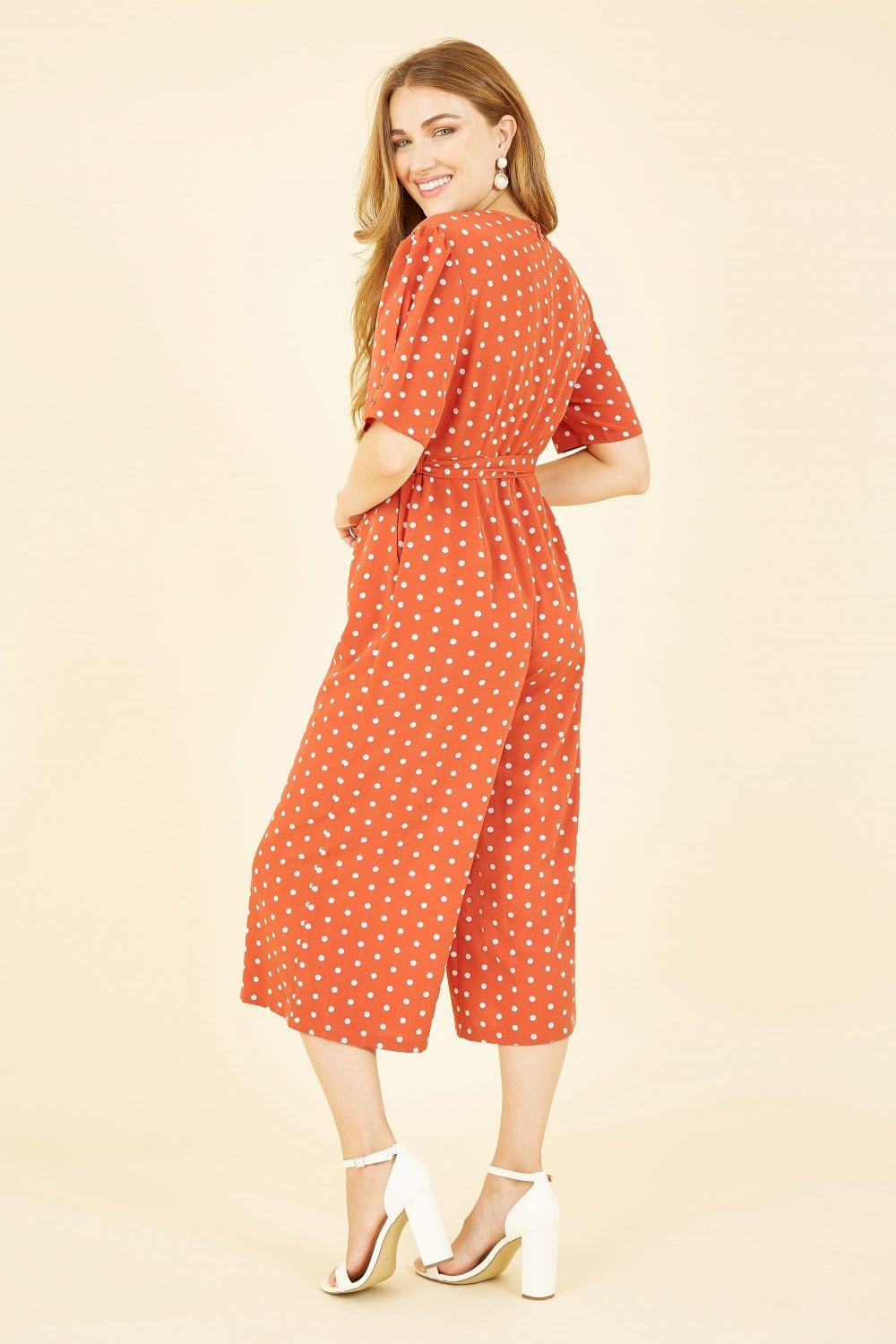 Yumi Orange Spot Print Retro Culotte Jumpsuit Yumi