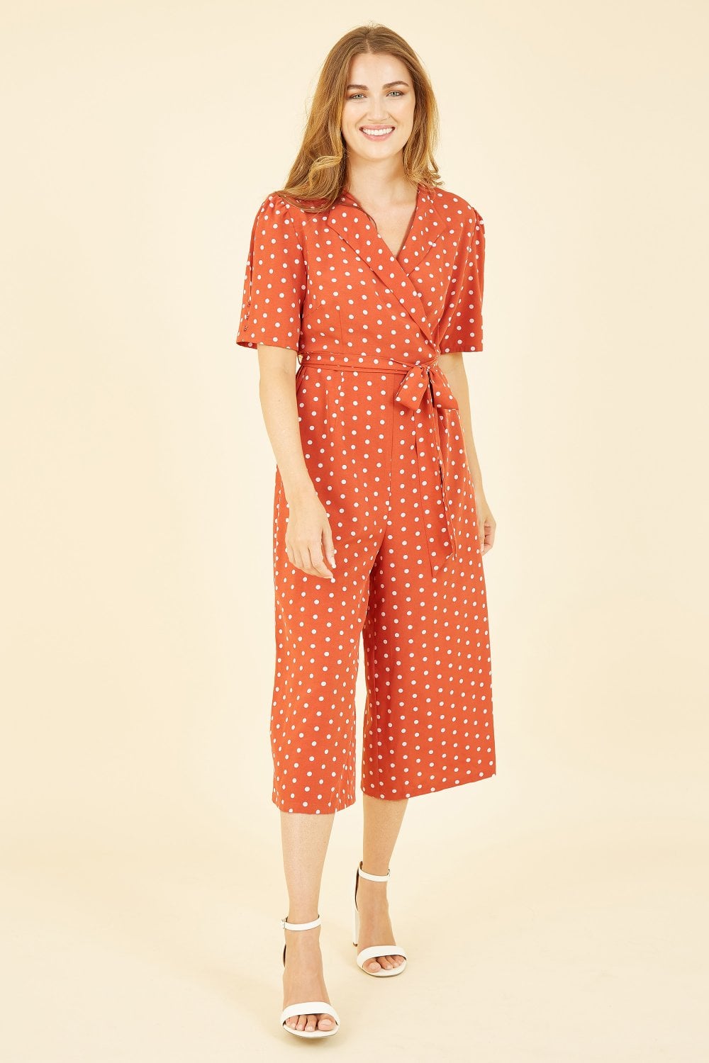 Yumi Orange Spot Print Retro Culotte Jumpsuit Yumi