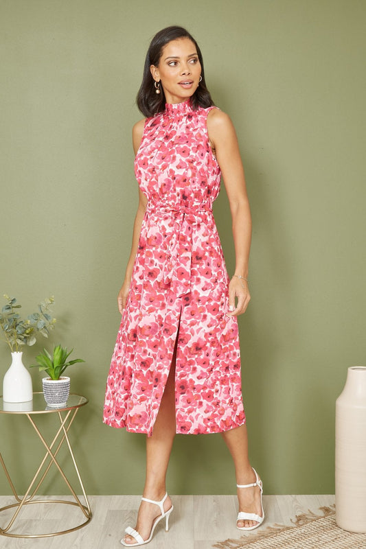 Yumi Pink Blossom Print Halter Neck Midi Dress With Split Hem Yumi