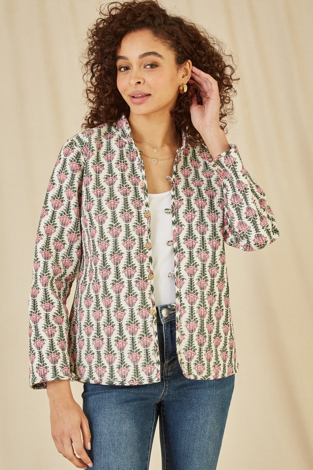 Yumi Pink Floral Print Reversible Cotton Quilted Jacket Yumi