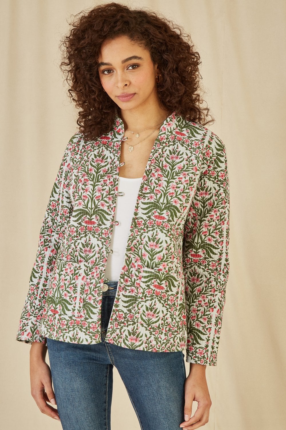 Yumi Pink Floral Print Reversible Cotton Quilted Jacket Yumi