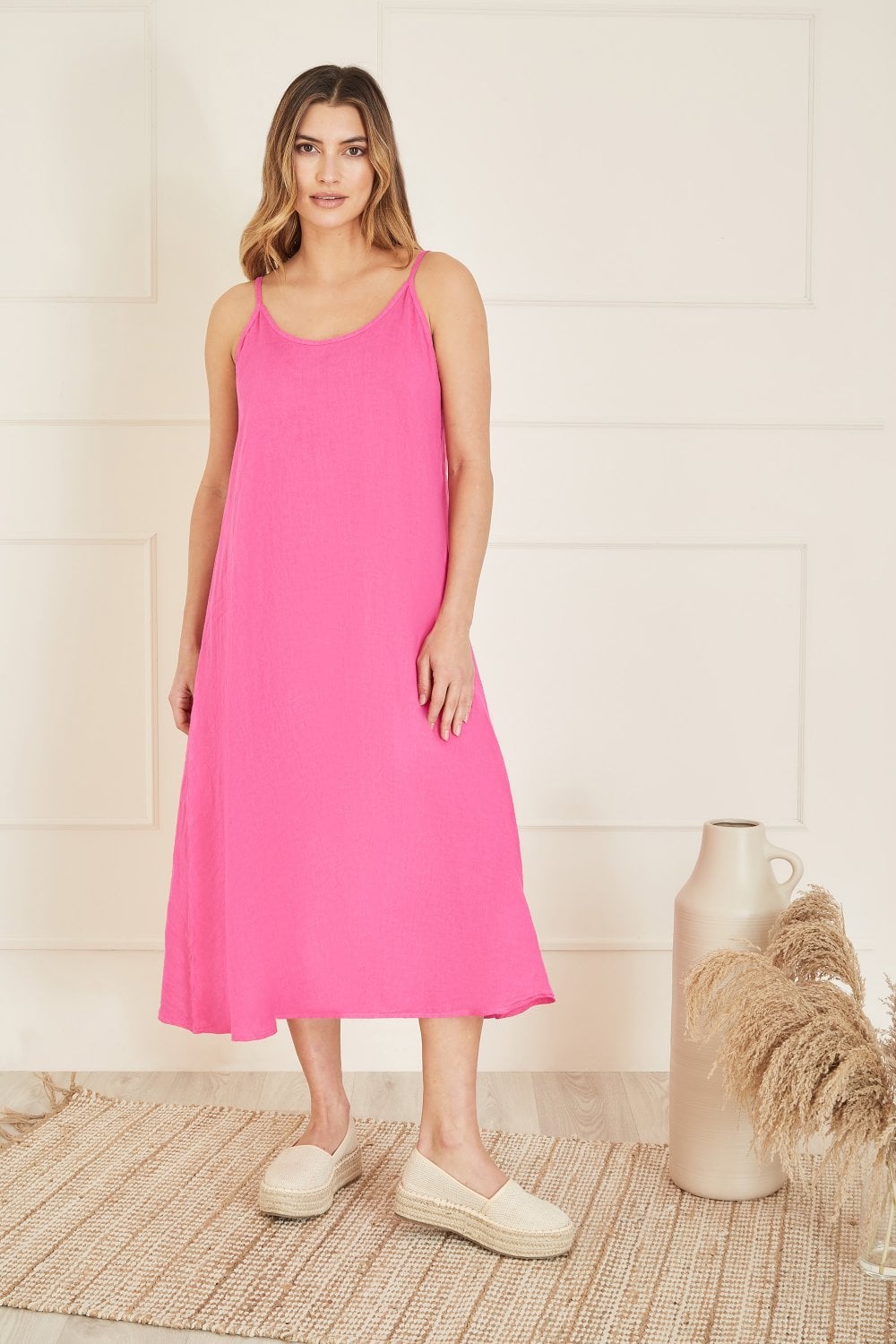 Yumi Pink Italian Linen Relaxed Fit Midi Sundress Yumi