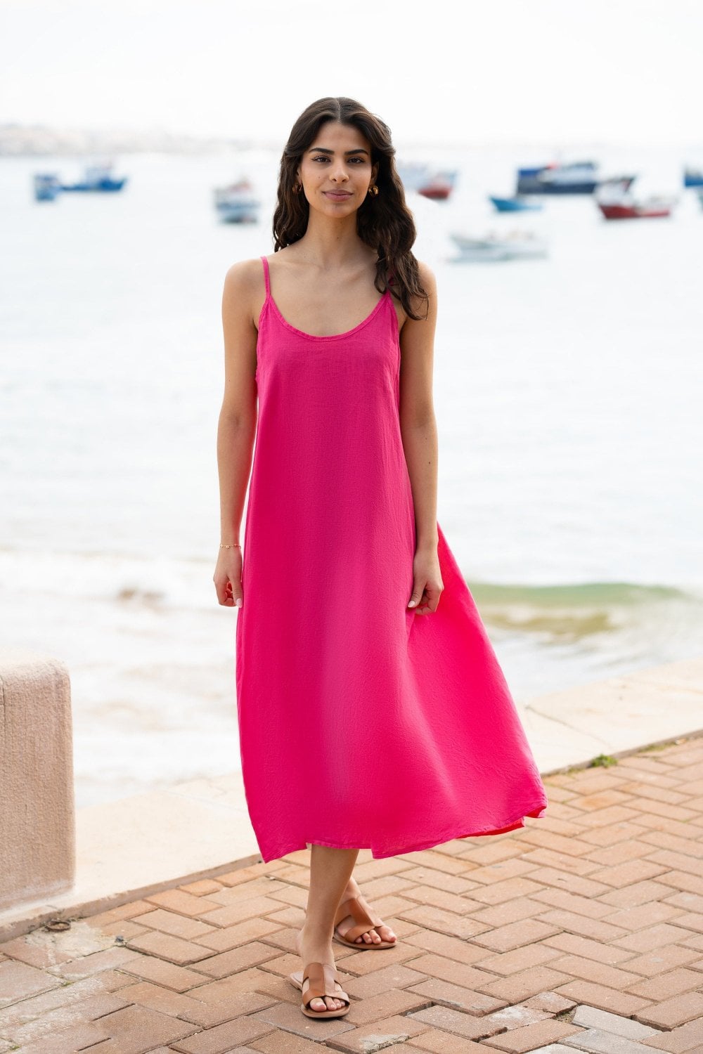 Yumi Pink Italian Linen Relaxed Fit Midi Sundress Yumi