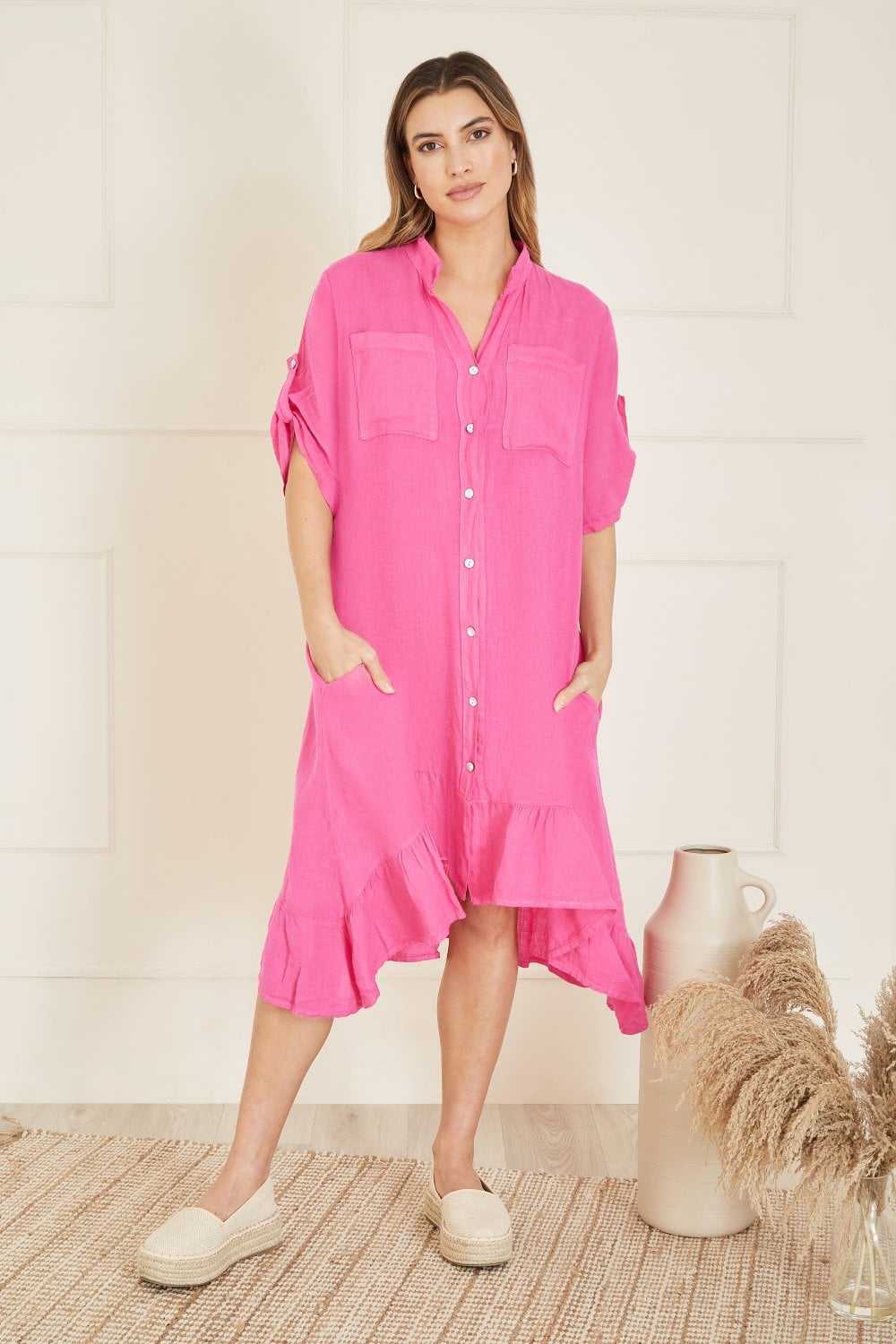 Yumi Pink Italian Linen Shirt Dress With Frill Hem Yumi