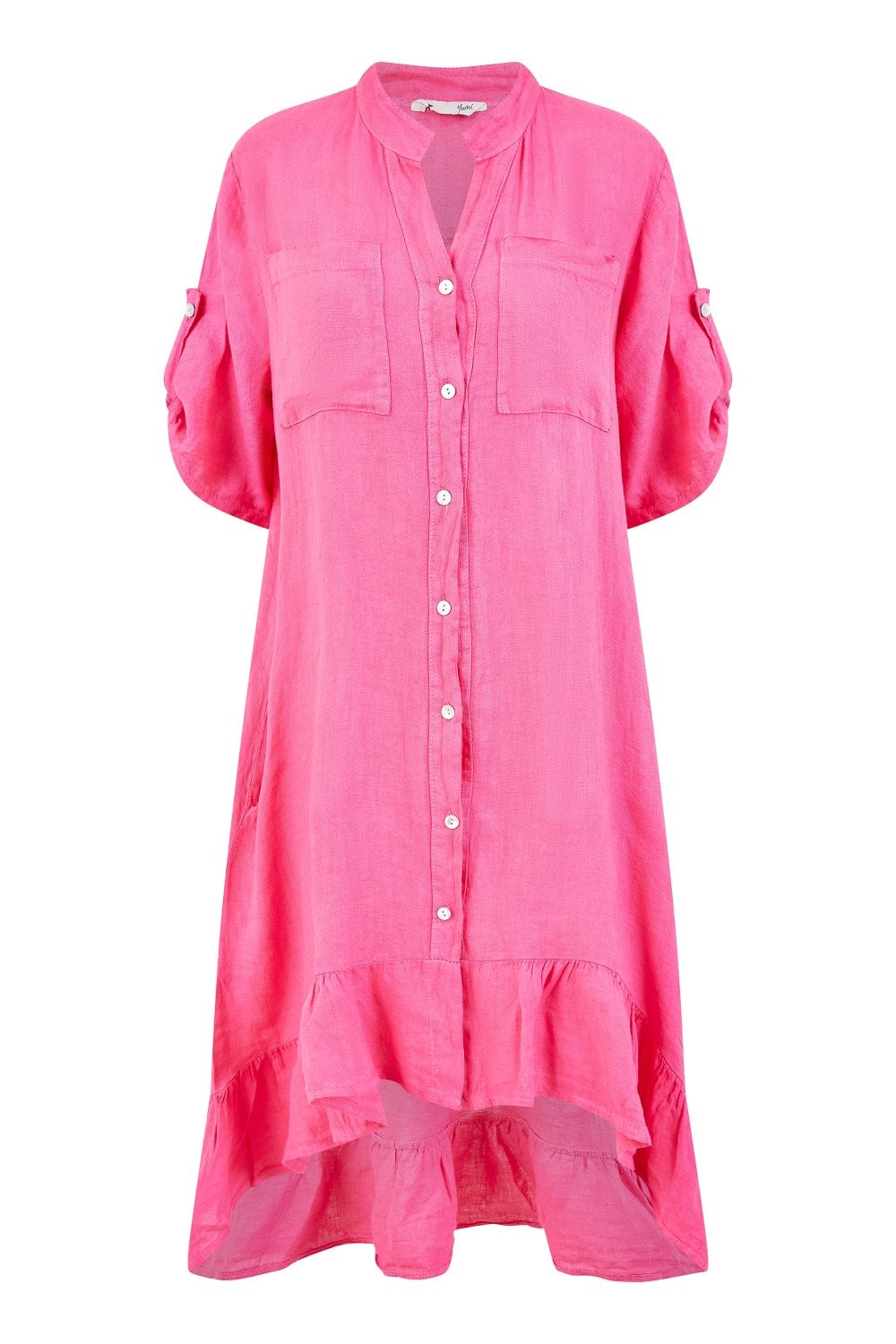 Yumi Pink Italian Linen Shirt Dress With Frill Hem Yumi