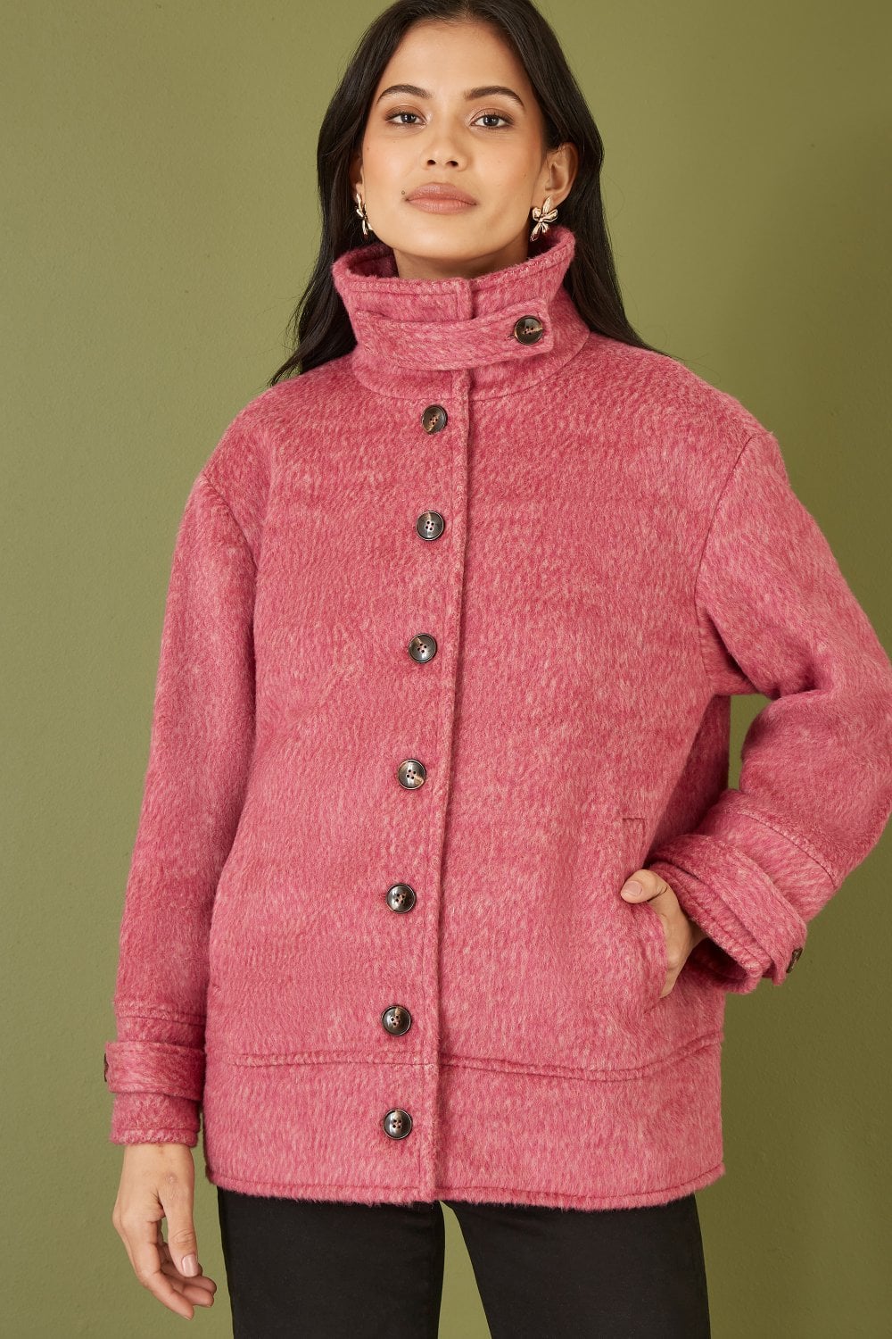 Yumi Pink Oversize Fit Button Up Jacket With High Collar Yumi