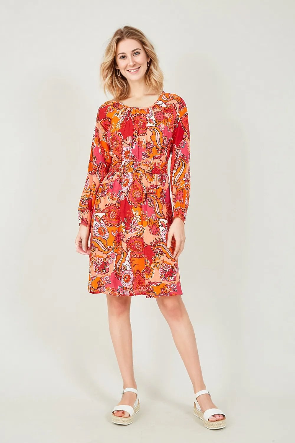 Yumi Pink Paisley Print Ruched Waist Dress Yumi