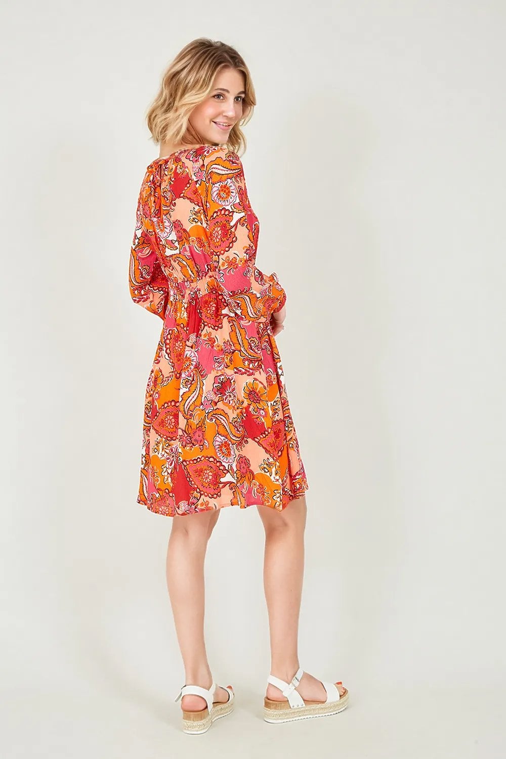 Yumi Pink Paisley Print Ruched Waist Dress Yumi