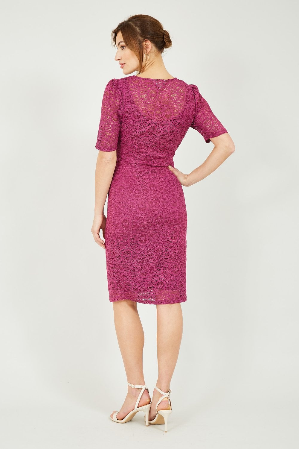 Yumi Pink Ruched Lace Dress Yumi