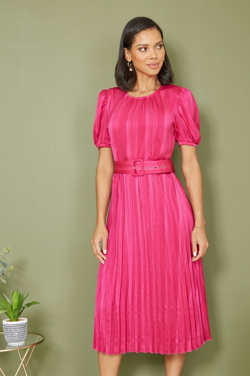 Yumi Pink Satin Striped Midi Dress With Pleats and Matching Belt Yumi