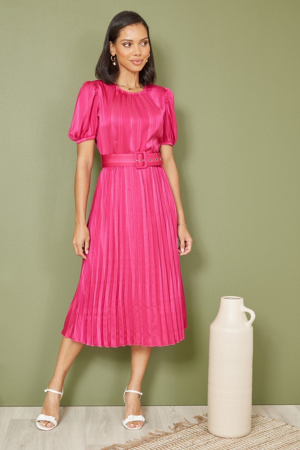 Yumi Pink Satin Striped Midi Dress With Pleats and Matching Belt Yumi