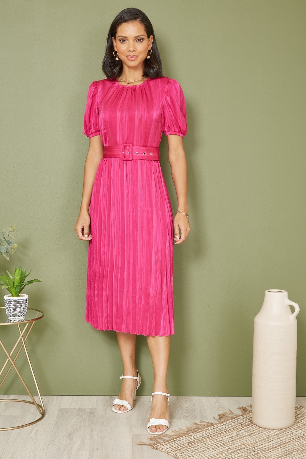 Yumi Pink Satin Striped Midi Dress With Pleats and Matching Belt Yumi