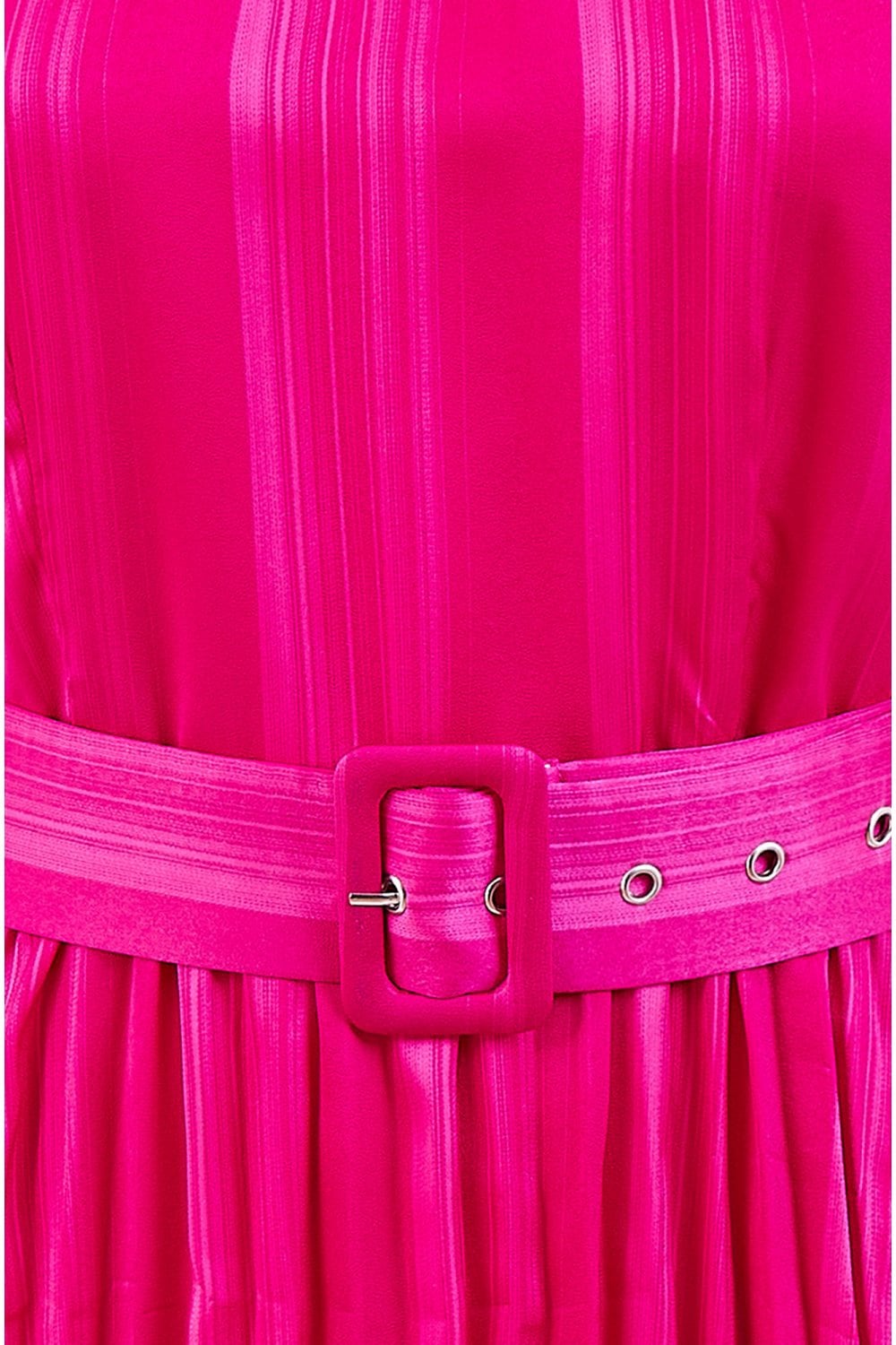 Yumi Pink Satin Striped Midi Dress With Pleats and Matching Belt Yumi