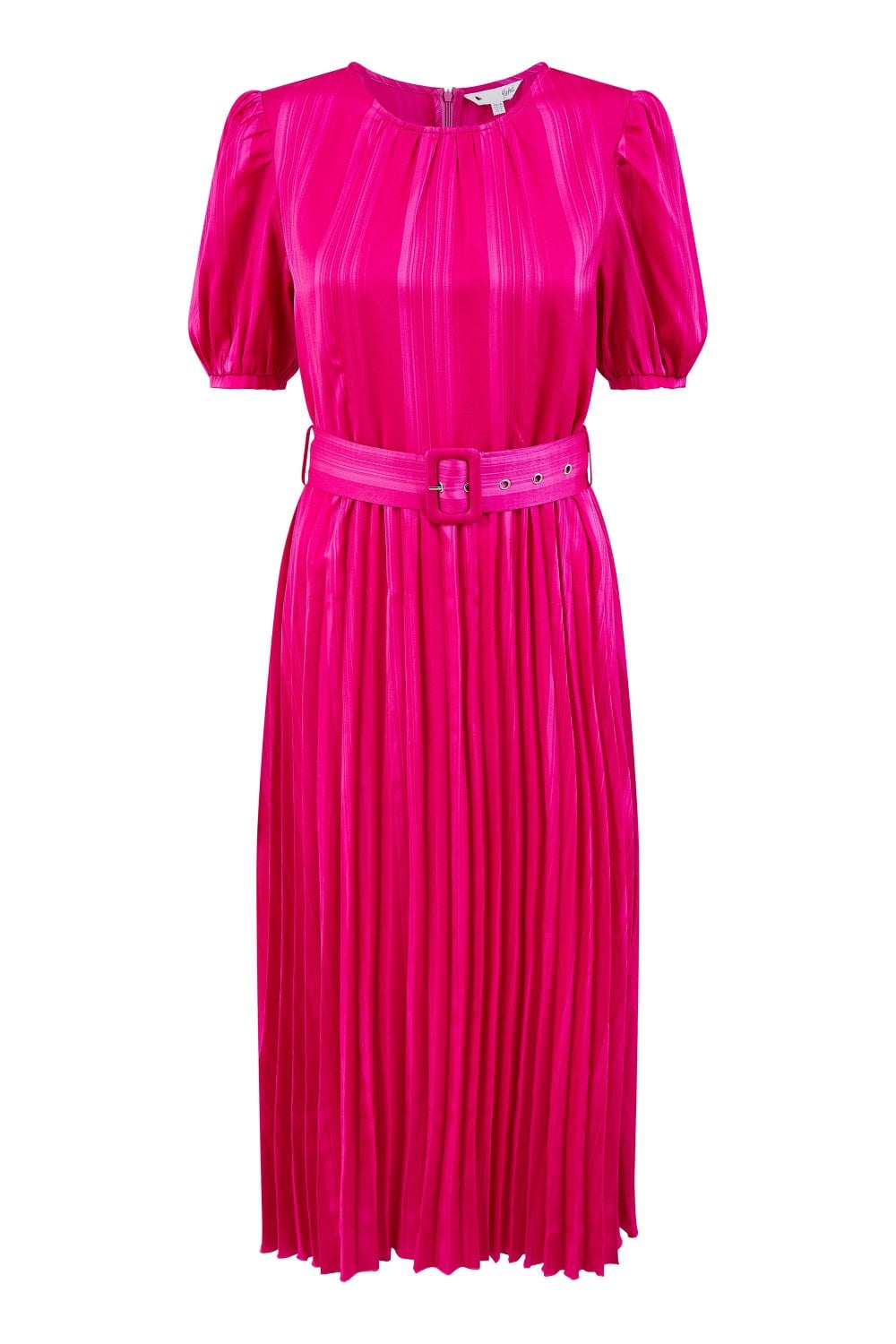 Yumi Pink Satin Striped Midi Dress With Pleats and Matching Belt Yumi