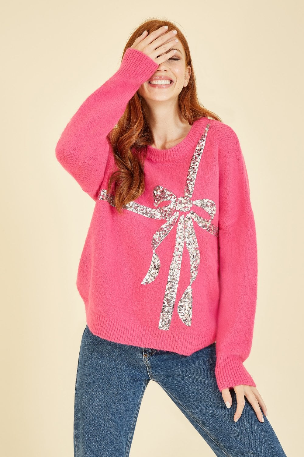 Yumi Pink Sequin Bow Knitted Jumper Yumi