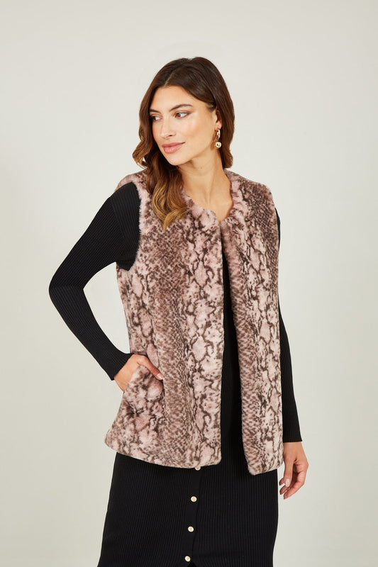 Yumi Pink Snake Print Faux Fur Gilet Yumi