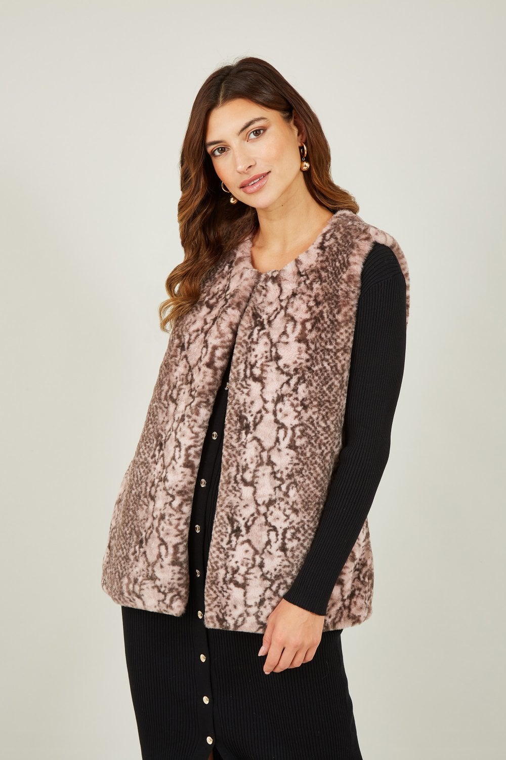 Yumi Pink Snake Print Faux Fur Gilet Yumi