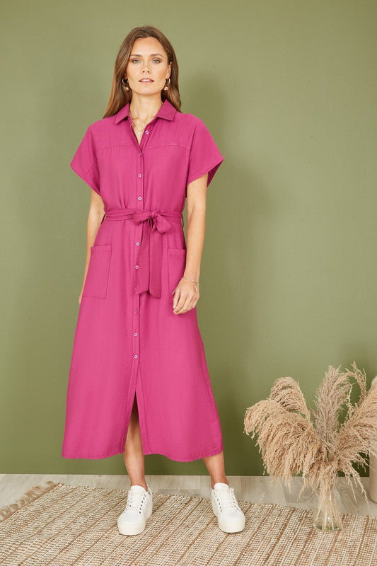 Yumi Pink Viscose Relaxed Midi Shirt Dress With Pockets Yumi