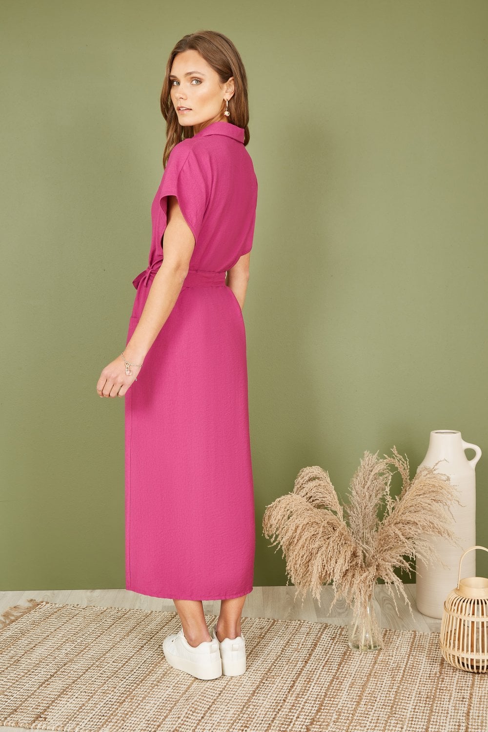 Yumi Pink Viscose Relaxed Midi Shirt Dress With Pockets Yumi