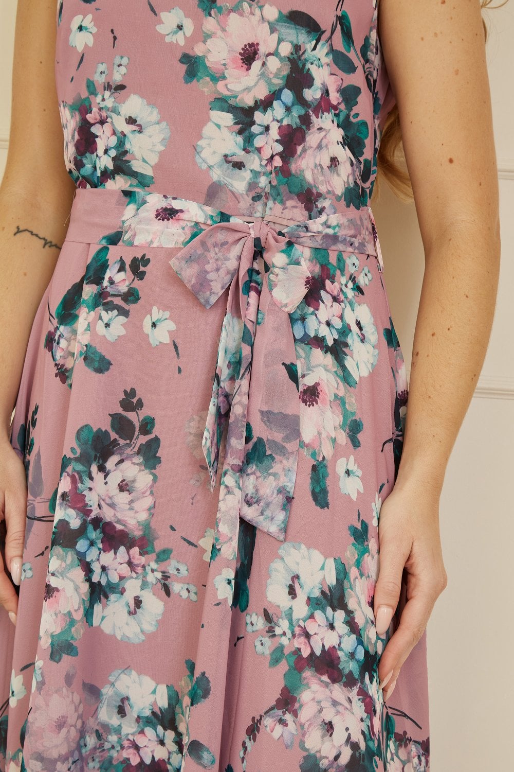 Yumi Pink Watercolour Floral Midi Skater Dress Yumi