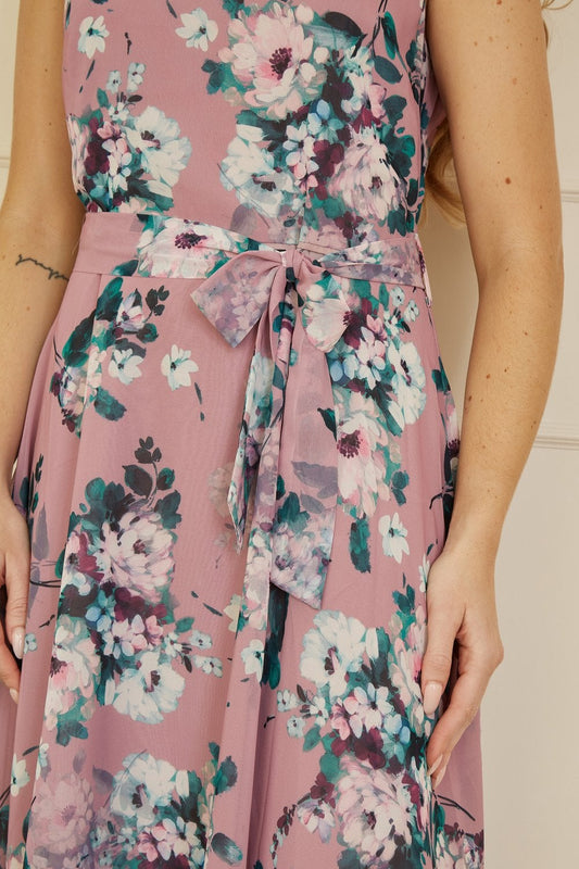 Yumi Pink Watercolour Floral Midi Skater Dress Yumi