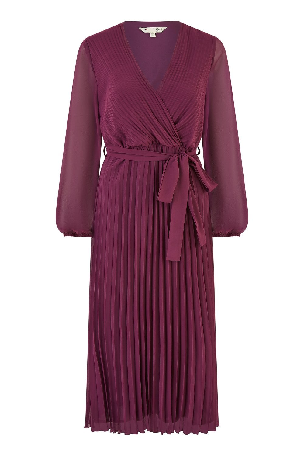 Yumi Plum Pleated Wrap Midi Dress With Sheer Long Sleeves Yumi