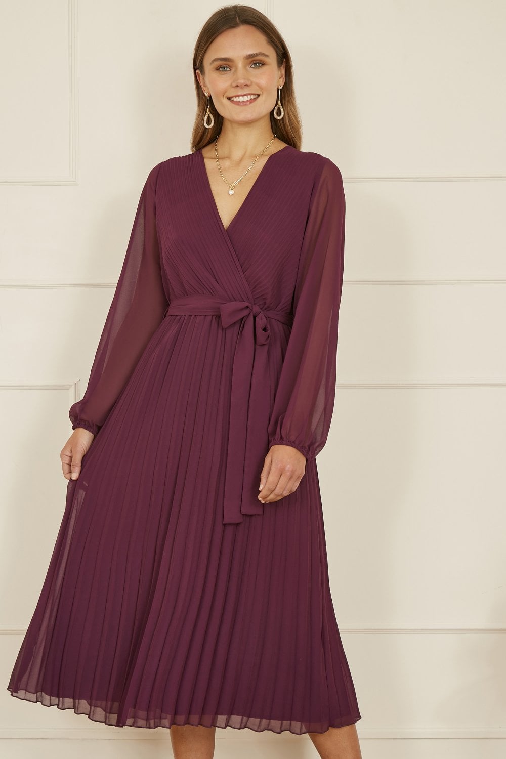 Yumi Plum Pleated Wrap Midi Dress With Sheer Long Sleeves Yumi