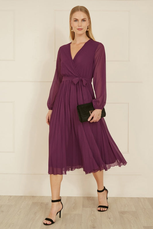 Yumi Plum Pleated Wrap Midi Dress With Sheer Long Sleeves Yumi