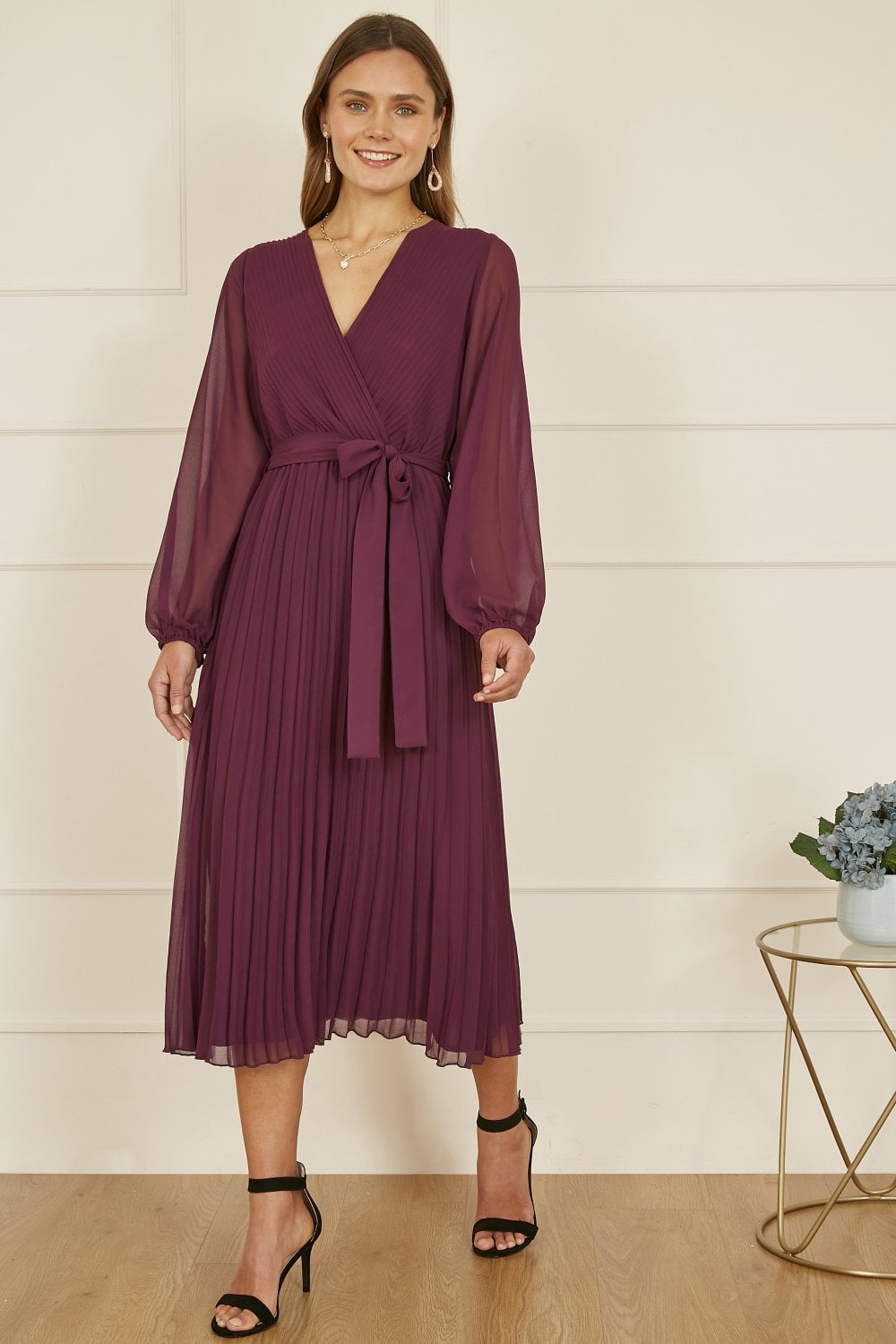 Yumi Plum Pleated Wrap Midi Dress With Sheer Long Sleeves Yumi