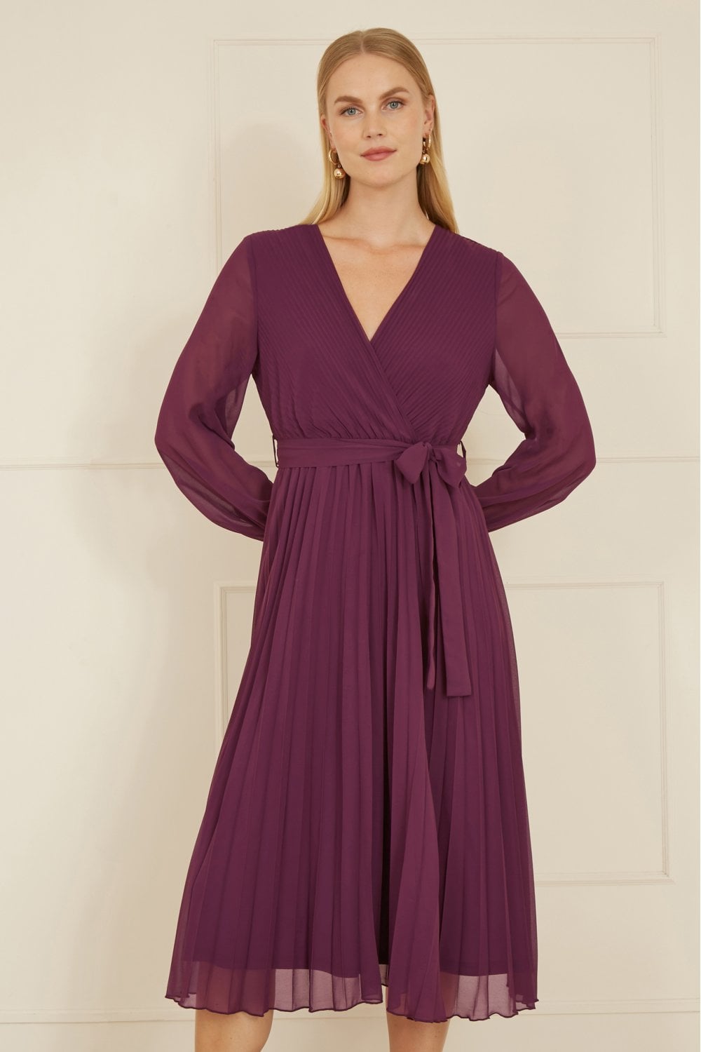 Yumi Plum Pleated Wrap Midi Dress With Sheer Long Sleeves Yumi