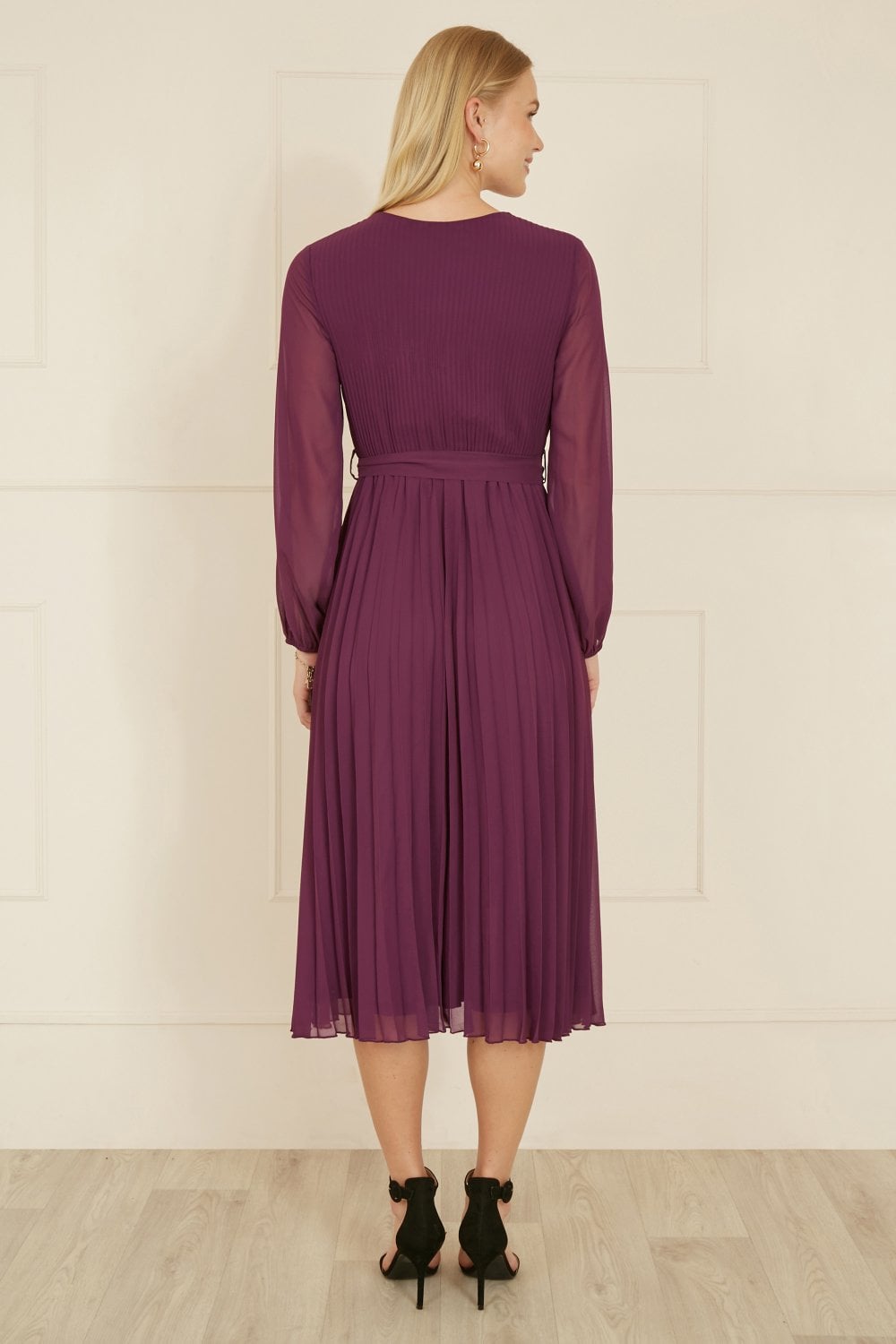 Yumi Plum Pleated Wrap Midi Dress With Sheer Long Sleeves Yumi