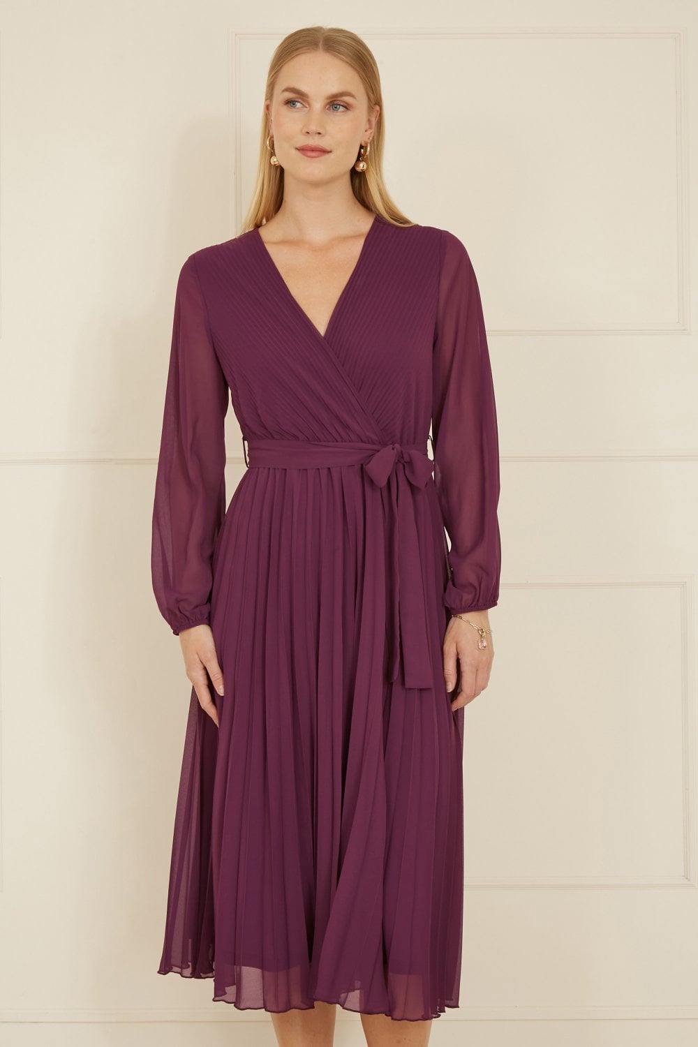 Yumi Plum Pleated Wrap Midi Dress With Sheer Long Sleeves Yumi