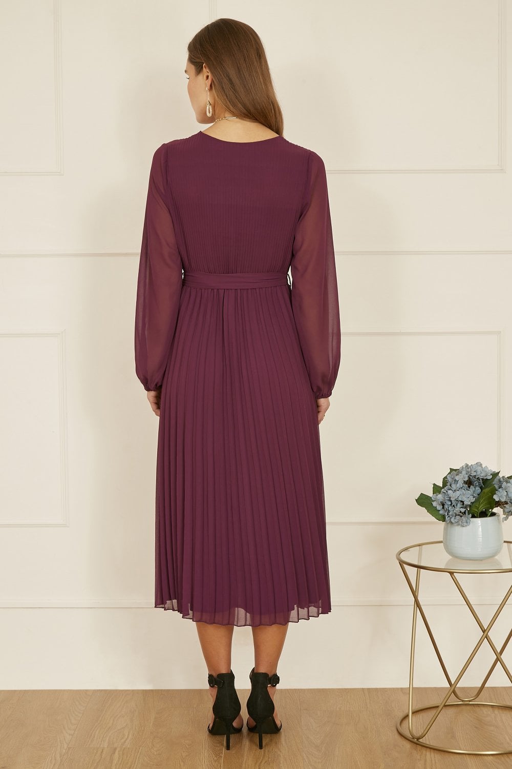 Yumi Plum Pleated Wrap Midi Dress With Sheer Long Sleeves Yumi