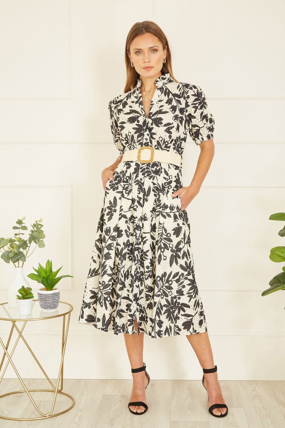 Yumi Premium Black Leaf Print Broderie Anglaise Cotton Midi Shirt Dress With Matching Belt Yumi