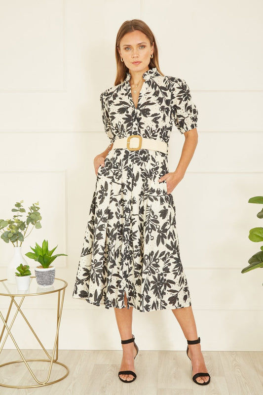 Yumi Premium Black Leaf Print Broderie Anglaise Cotton Midi Shirt Dress With Matching Belt Yumi