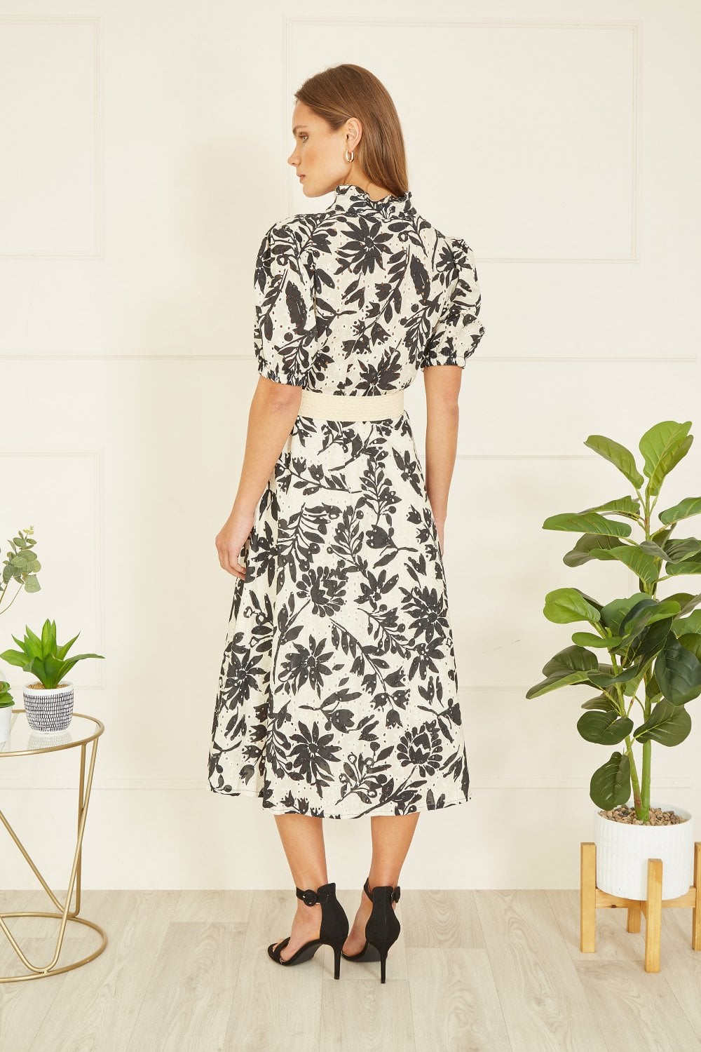 Yumi Premium Black Leaf Print Broderie Anglaise Cotton Midi Shirt Dress With Matching Belt Yumi