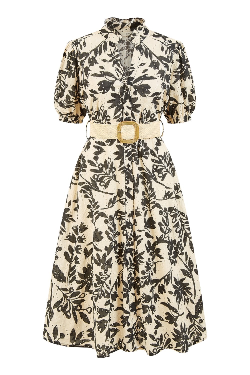 Yumi Premium Black Leaf Print Broderie Anglaise Cotton Midi Shirt Dress With Matching Belt Yumi