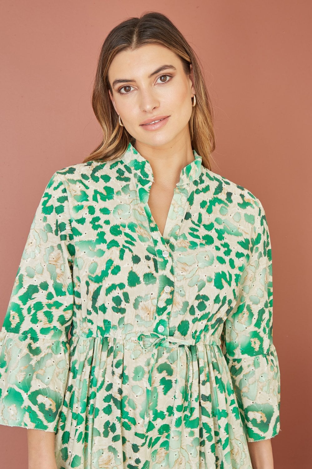 Yumi Premium Green Animal Print Broderie Anglaise Cotton Midi Shirt Dress Yumi