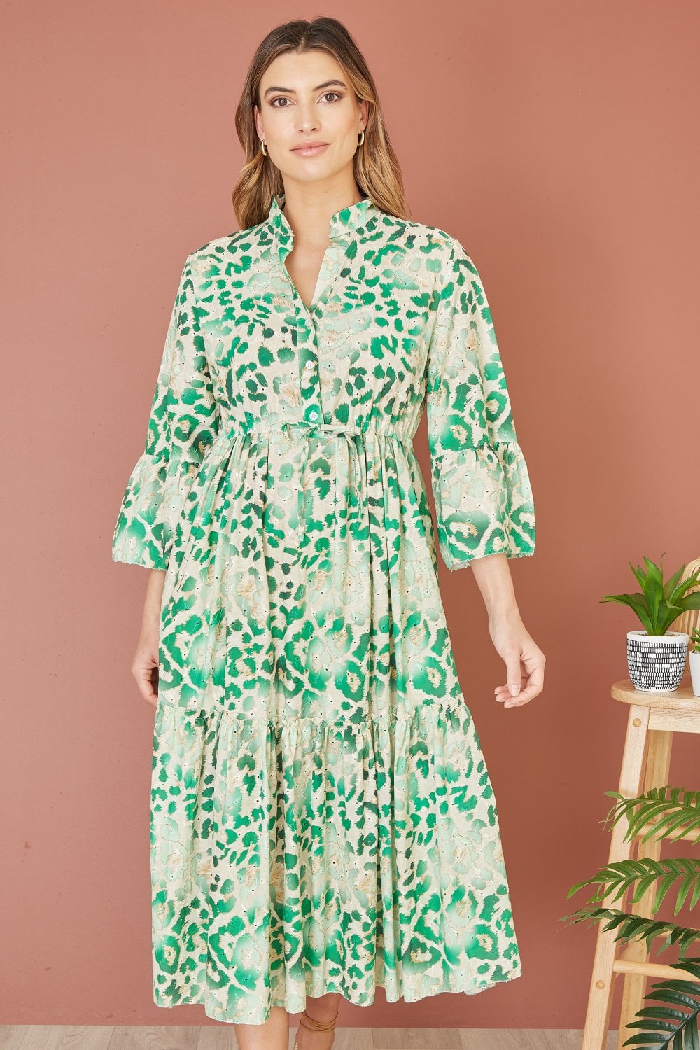 Yumi Premium Green Animal Print Broderie Anglaise Cotton Midi Shirt Dress Yumi