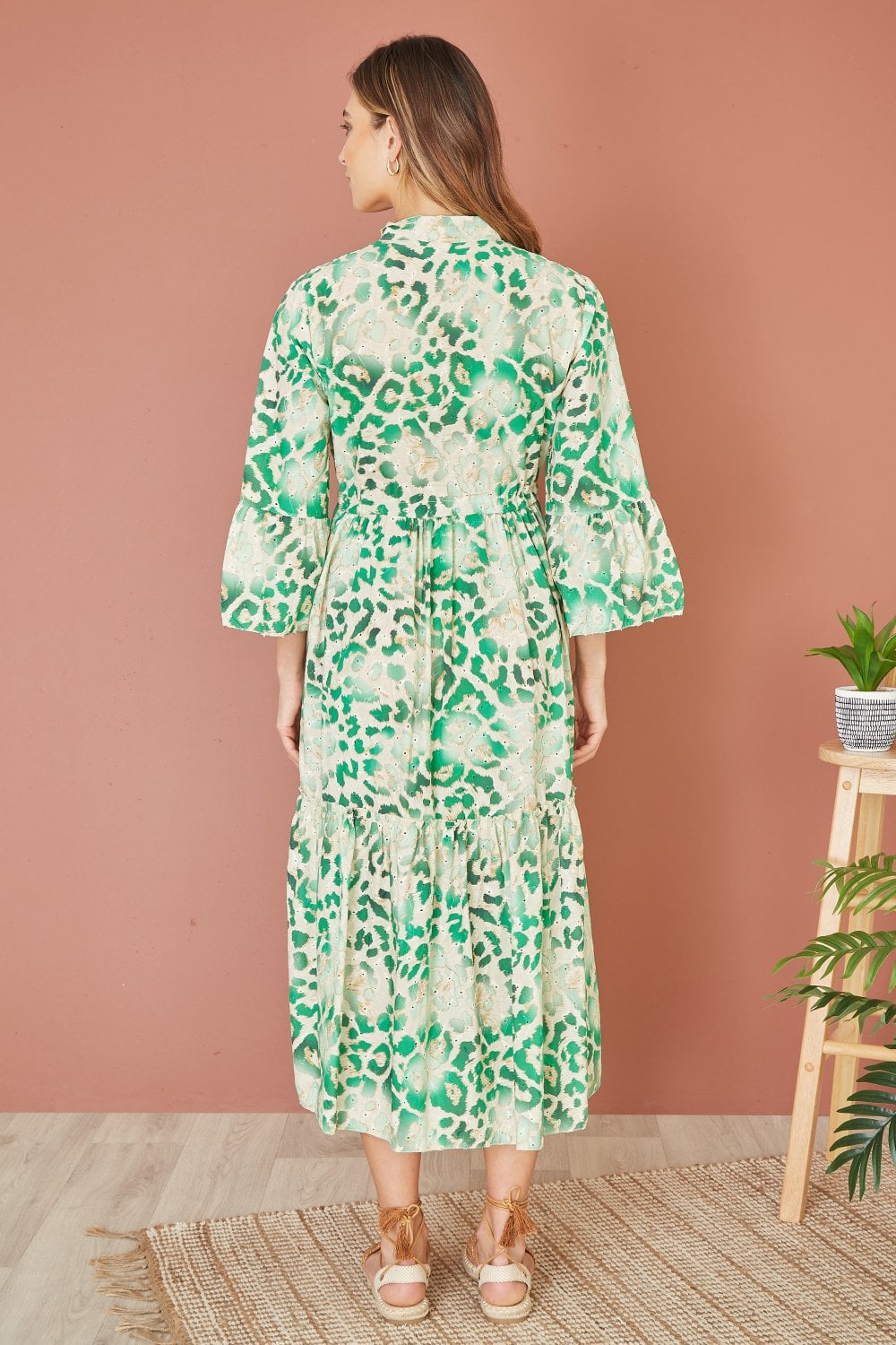 Yumi Premium Green Animal Print Broderie Anglaise Cotton Midi Shirt Dress Yumi