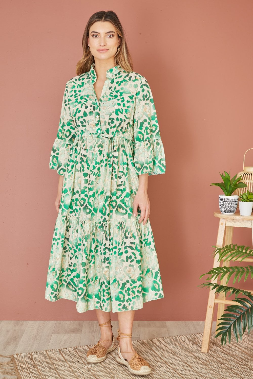 Yumi Premium Green Animal Print Broderie Anglaise Cotton Midi Shirt Dress Yumi