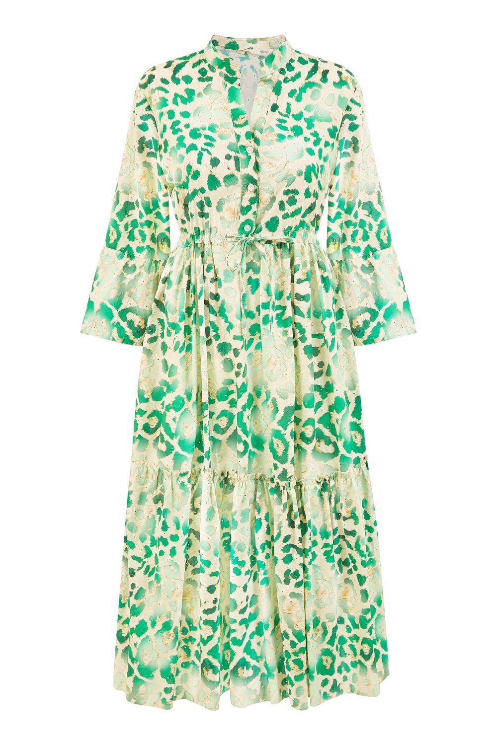 Yumi Premium Green Animal Print Broderie Anglaise Cotton Midi Shirt Dress Yumi