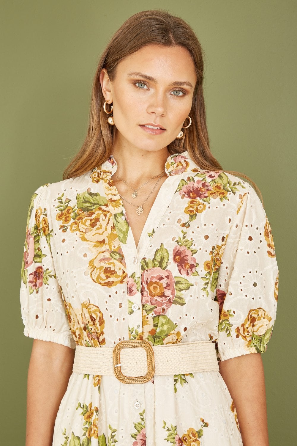 Yumi Premium Ivory Floral Print Broderie Anglaise Cotton Midi Shirt Dress With Matching Belt Yumi