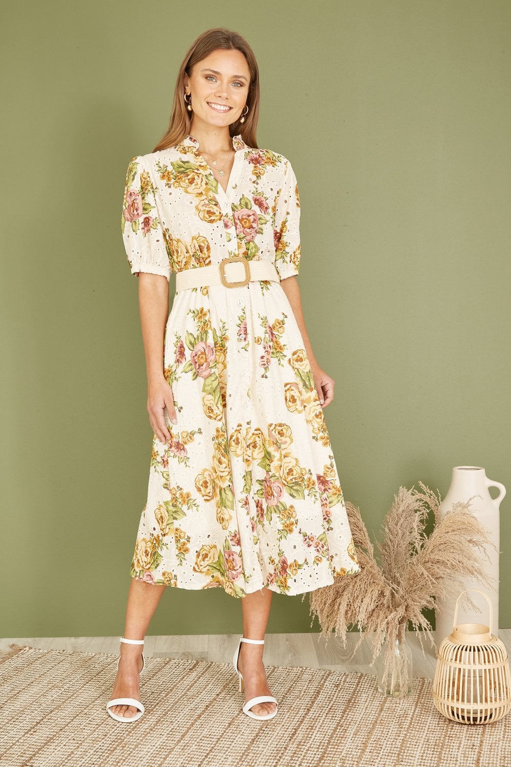 Yumi Premium Ivory Floral Print Broderie Anglaise Cotton Midi Shirt Dress With Matching Belt Yumi