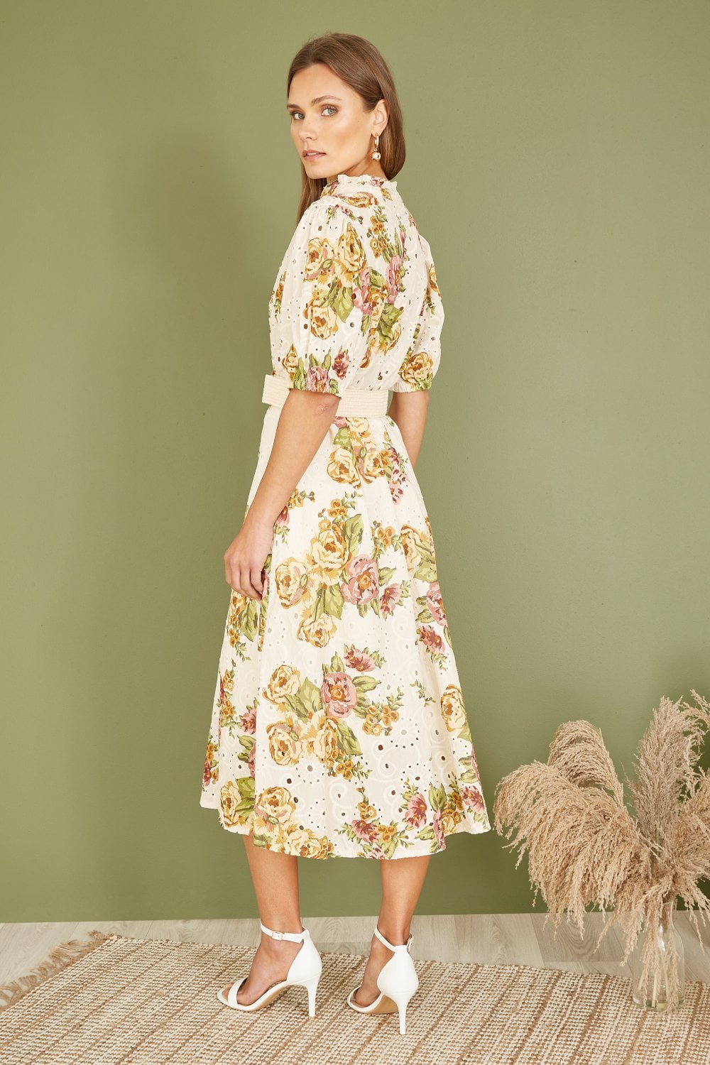 Yumi Premium Ivory Floral Print Broderie Anglaise Cotton Midi Shirt Dress With Matching Belt Yumi