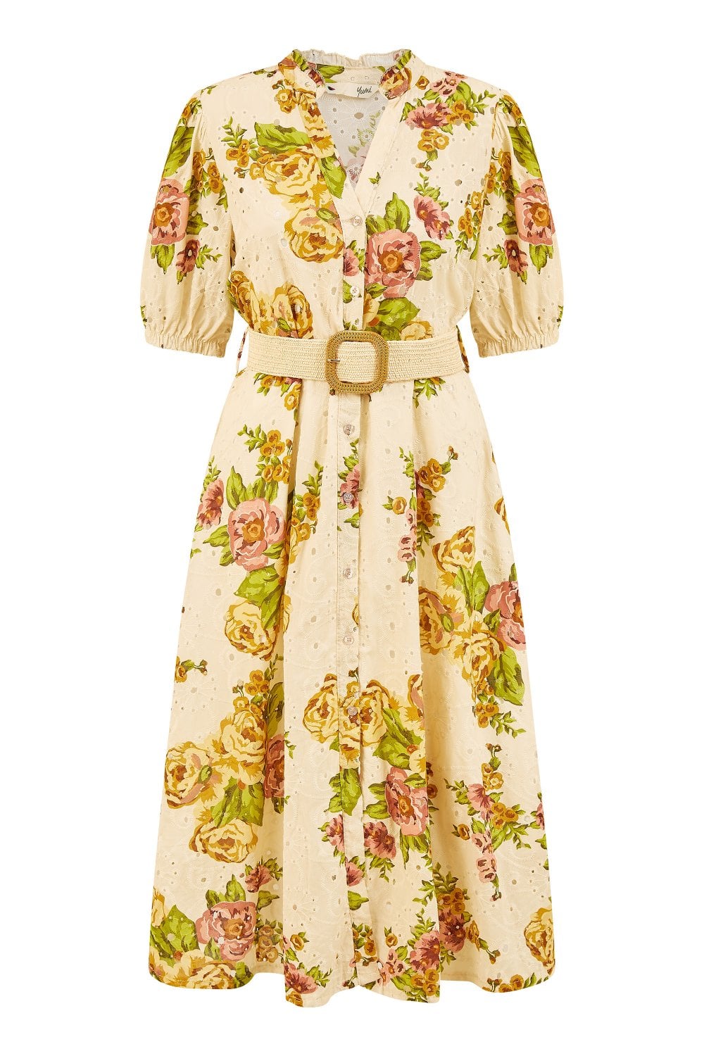 Yumi Premium Ivory Floral Print Broderie Anglaise Cotton Midi Shirt Dress With Matching Belt Yumi